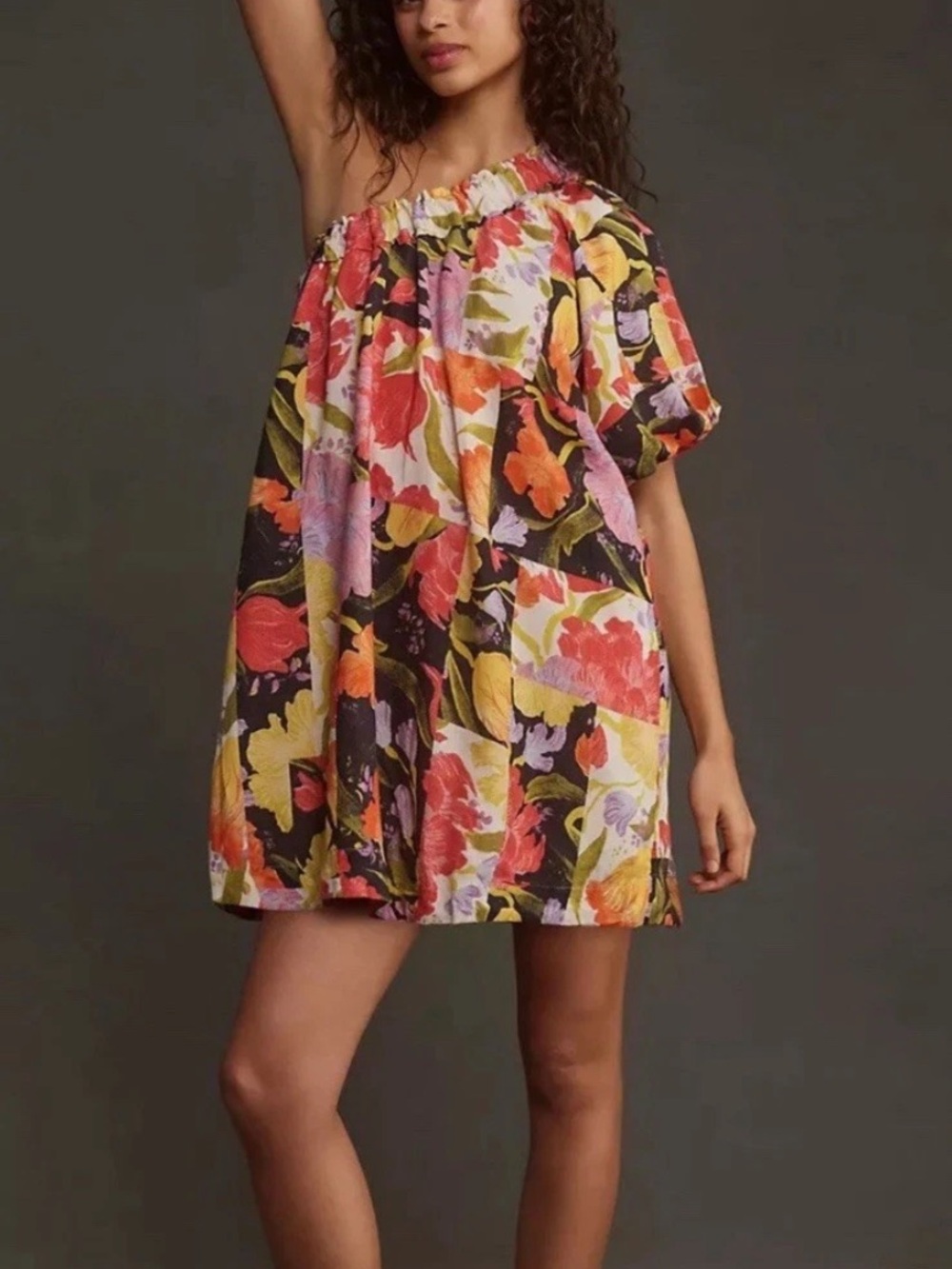 Anthropologie x Yukiko Noritake Floral One Sleeve Mini Shift Dress Linen Blend